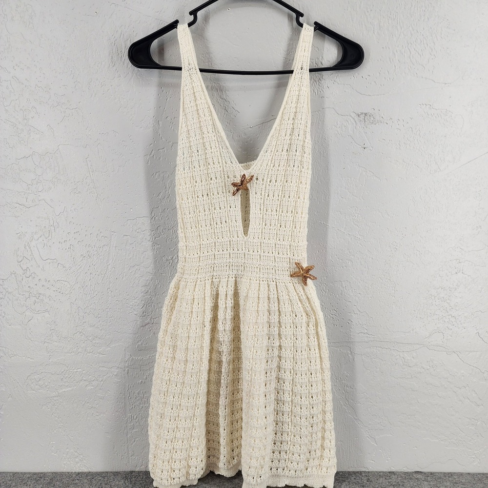 Cream Crochet Starfish Detail Mini Dress Mermaidcore Beach Womens Small